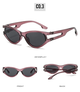 Three-way view of oval sunglasses with translucent wine red frame and hollow temples
