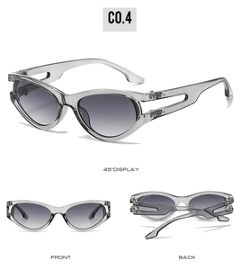 Three-angle view of oval grey sunglasses with gradient lenses and hollow temple design