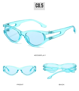 Three-way view of transparent light blue cat-eye sunglasses with hollow double-rail temples