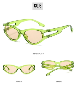Three-angle view of oval green sunglasses with translucent frames and orange lenses