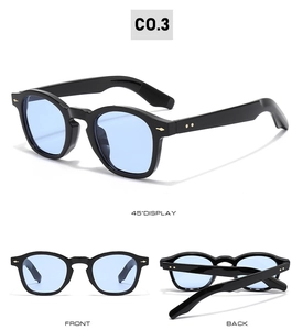 Three-way view of retro black square sunglasses with blue lenses and gold metal rivets