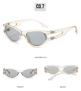 Three-angle view of oval cat-eye sunglasses with hollow double-layered frame detail