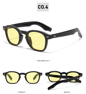 Detailed multi-angle view of vintage black square sunglasses with yellow lenses