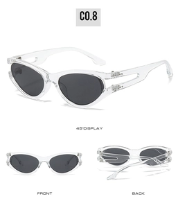 Three-angle view of oval sunglasses with transparent frames and hollow temple design