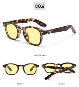 Detail view of tortoiseshell sunglasses with yellow lenses showing front and back angles
