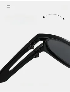 Detail of durable texture metal hinges on black oval sunglasses for high durability