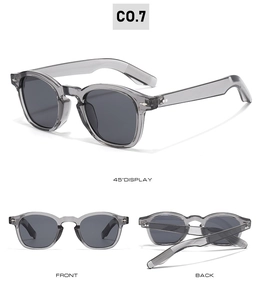Detailed views of grey retro square sunglasses featuring non-slip temples and C0.7 model