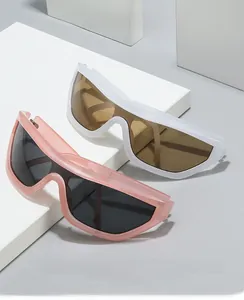 Close-up of Y2K hip-hop wraparound sunglasses in pink and white frames on geometric stands