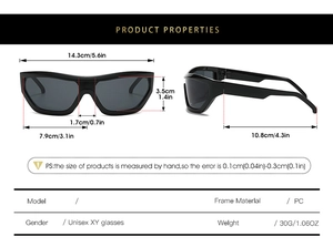 Detailed dimension drawing of Y2K hip-hop sunglasses with PC frame and lens measurements