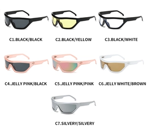 Matrix display of seven colorful Y2K wrap-around sports sunglasses in various tint options