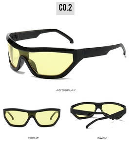 Multiple views of Y2K shield sunglasses showing front, back, and 45-degree angle in yellow