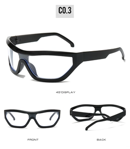 Detailed three-view display of hip-hop Y2K oversized black sport sunglasses for unisex