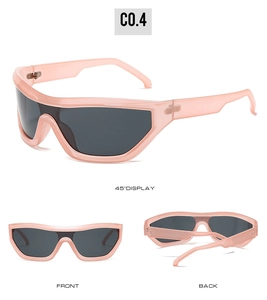 Detailed multi-angle view of pink shield Y2K futuristic sunglasses with grey wrap lens