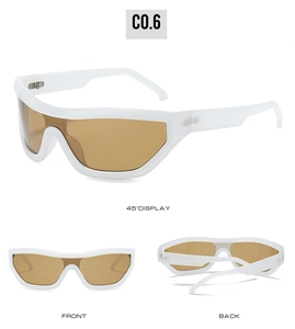 Three-way view of white frosted Y2K sunglasses showing front, back, and 45-degree angle