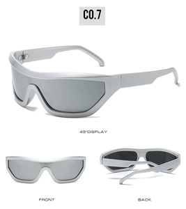 Three-way view of Y2K silver sport sunglasses with large mirrored wrap lenses