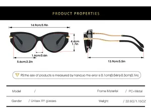 Size guide for cat eye sunglasses with metal chain temples and UV protection