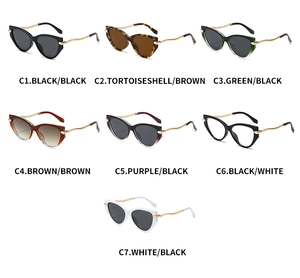 Matrix showing 7 color options of cat eye sunglasses with twisted gold metal temples