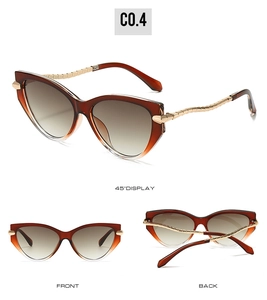Three-view display of cat eye sunglasses with amber frames and gold snake metal temples