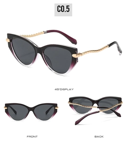 Detailed views of cat-eye sunglasses featuring golden wave-textured metal temples