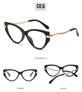 Detailed views of cat-eye sunglasses with golden wave metal temples and black frame