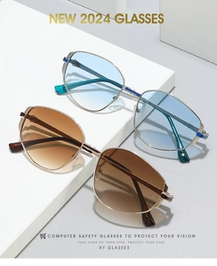Détail des lunettes d'ordinateur 2024 à monture métallique géométrique et verres dégradés