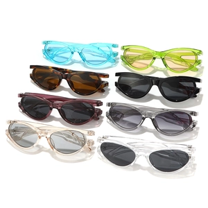 Eight pairs of oval cat-eye sunglasses in various colors with layered hollow temples