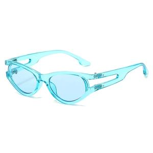 Trendy light blue transparent oval cat eye sunglasses with hollow temple design