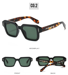 Detailed views of square sunglasses with tortoiseshell temples and dagger metal accents