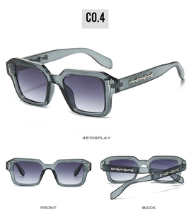 Detailed multi-angle views of square translucent grey sunglasses with silver metal accents