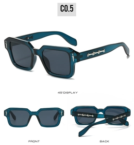 Detail views of square sunglasses in dark teal frame with silver cross and bone accents
