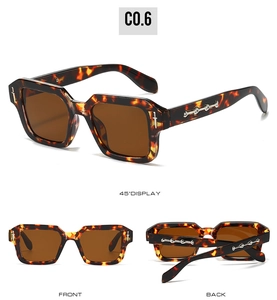 Detail view of tortoiseshell square sunglasses with silver metal sword accents