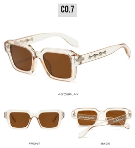 Detail of champagne square sunglasses with silver gothic metal cross on the temple