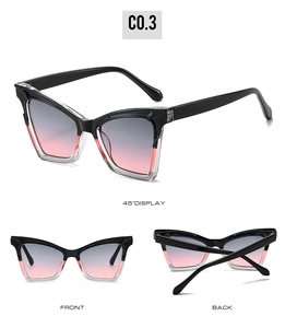Vue en trois angles de lunettes de soleil carrées œil-de-chat avec monture bicolore et verres dégradés