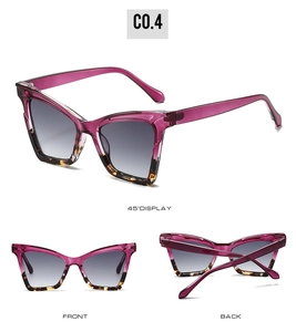 Vues détaillées de lunettes œil-de-chat violettes avec motifs écailles et verres dégradés