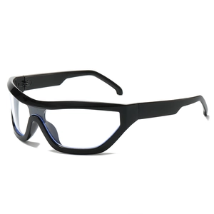 Y2K hip hop sunglasses with black streamlined frame and clear blue light lenses