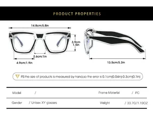 Detailed size guide for bicolor anti-blue light glasses with precise measurements in cm and inch