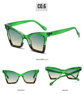 Vues détaillées de lunettes de soleil œil-de-chat avec monture verte et détails écaille