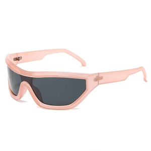 Y2K hip-hop sports sunglasses with translucent pink frame and wrap-around gray lens