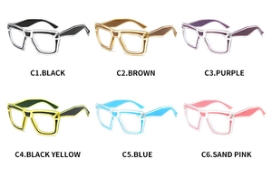 Detailed grid view of chunky rectangle anti-blue light glasses in six assorted colors