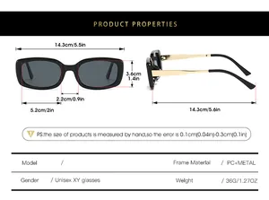 Size chart for rectangular metal sunglasses with precise dimensions and frame specifications
