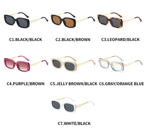 Detail view of stylish narrow rectangular sunglasses in seven trendy color combinations