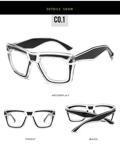 Detailed views of irregular black and white contrast anti-blue light glasses frame