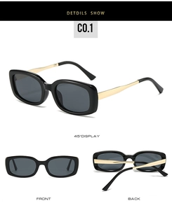 Detailed side view of black square sunglasses with premium gold metal temples and tips