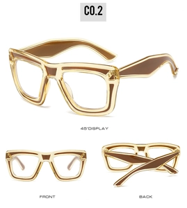 Detailed views of amber acetate eyeglasses frames with brown contrast and square design