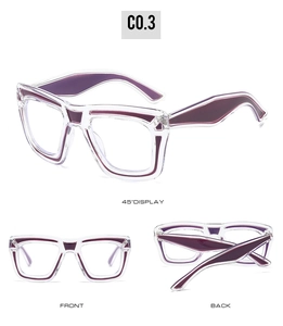 Three-view display of transparent oversized square glasses frames with purple inner accents