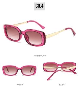 Three-view display of rose pink rectangle sunglasses with gold metal temples and gradient lenses