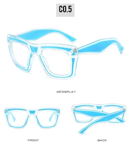Multi-angle views of oversized two-tone eyeglasses frame in clear and blue finish