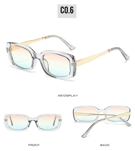 Detailed multi-view of rectangular sunglasses with grey frames and gradient lenses