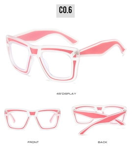 Three-angle view of oversized clear glasses frames with stylish pink accent stripes