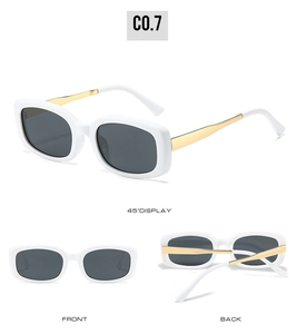 Detailed multi-angle views of white oval sunglasses with gold metal temples and dark lenses